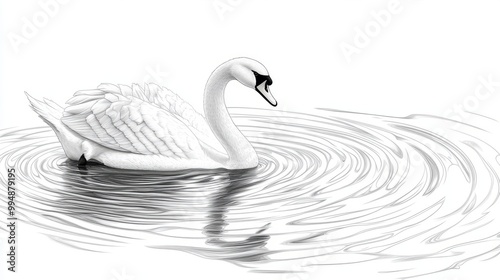 Fototapeta Naklejka Na Ścianę i Meble -  Elegant swan swims in still water with ripples spreading from its body.