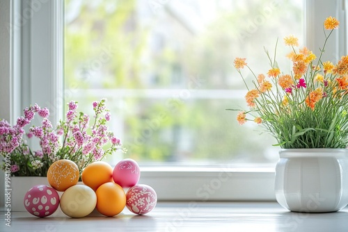 Easter eggs and spring flowers on white table over blurry kitchen window background .generative ai