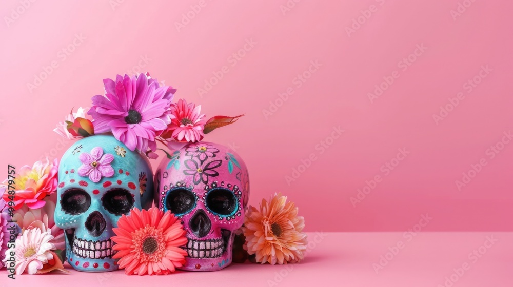 Colorful sugar skulls surrounded by vibrant flowers on a pink background. Colorful sugar skulls surrounded by vibrant flowers on a pink background.