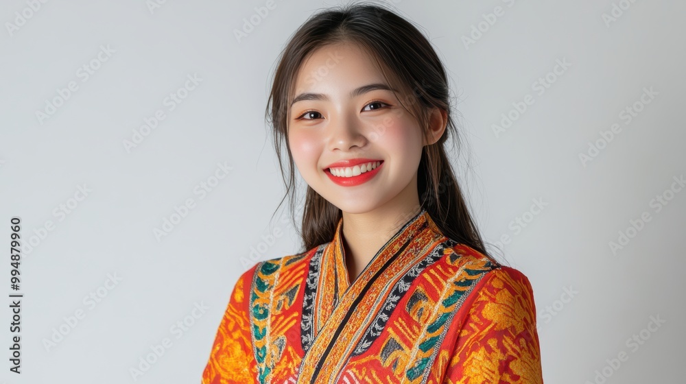 A beautiful young woman poses in traditional Asian dress, symbolizing cultural pride and fashion. The vibrant details and craftsmanship of the attire emphasize Asia rich heritage. A beautiful young woman poses in traditional Asian dress, symbolizing cultural pride and fashion. The vibrant details and craftsmanship of the attire emphasize Asia rich heritage.