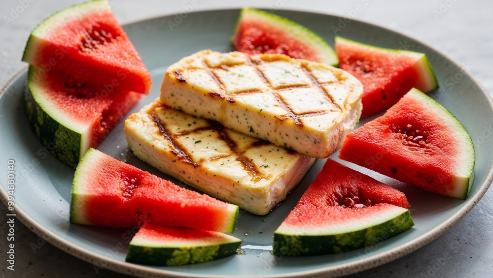 Cypriot halloumi grilled cheese with watermelon slices closeup Cypriot halloumi grilled cheese with watermelon slices closeup