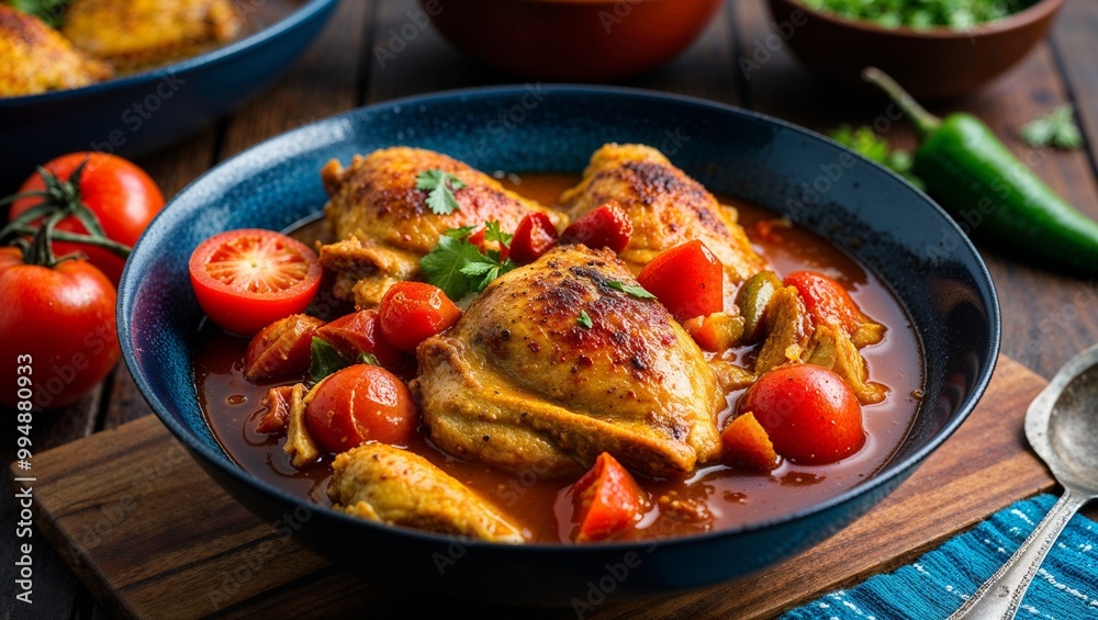 Guatemalan pepian chicken stew with tomatoes and chilies closeup Guatemalan pepian chicken stew with tomatoes and chilies closeup