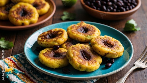 Guatemalan rellenitos plantain fritters with black beans closeup