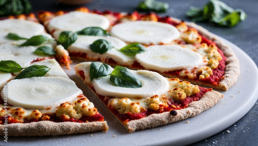 Keto cauliflower crust pizza with mozzarella closeup Keto cauliflower crust pizza with mozzarella closeup