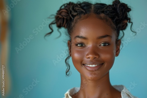 A Black woman with natural curly hair and a bright smile in a white shirt radiates charm and individuality, perfect for lifestyle and fashion campaigns.