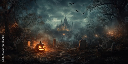 Eerie, misty night scene with glowing jack-o'-lantern, graveyard, and haunted castle in the distance. Perfect for Halloween-themed projects.