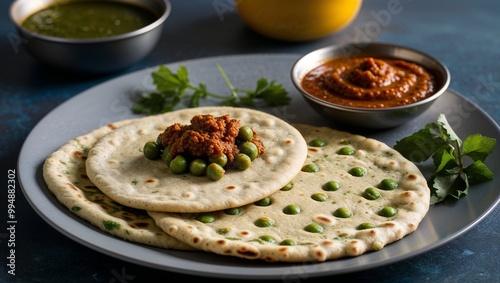 Mauritian dholl puri flatbread with split peas and chutney closeup