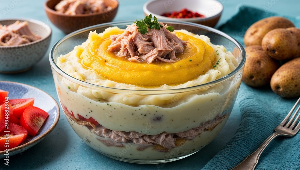 Peruvian causa layered mashed potato with tuna closeup Peruvian causa layered mashed potato with tuna closeup