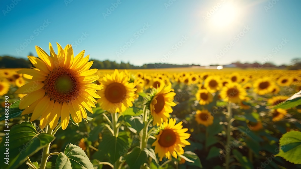 Fototapeta premium A beautiful field of vibrant sunflowers, all facing the bright sun. Their golden petals and towering stems create a stunning scene that radiates warmth and natural beauty.