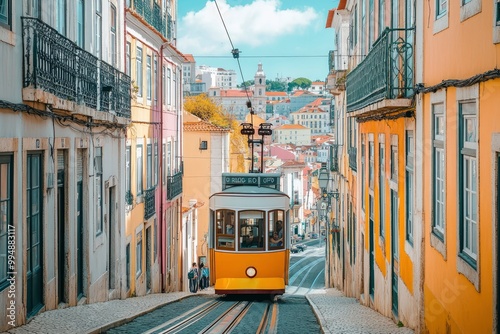Explore the vibrant charm of Lisbon, Portugal, through this stunning photograph. The image captures the iconic cityscape of Lisbon, with its colorful buildings, historic trams, generative ai