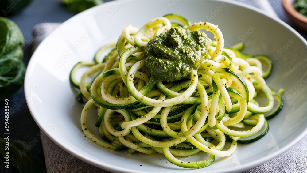 Spiralized zucchini noodles with pesto sauce closeup Spiralized zucchini noodles with pesto sauce closeup