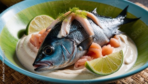 Solomon Islander kokoda raw fish in coconut cream with lime closeup photo