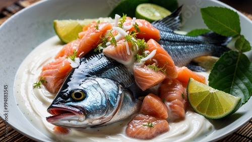 Solomon Islander kokoda raw fish in coconut cream with lime closeup photo