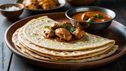 Surinamese roti flatbread with chicken curry closeup