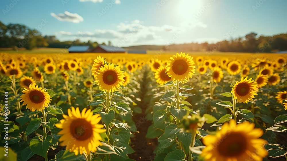 Obraz premium A beautiful field of vibrant sunflowers, all facing the bright sun. Their golden petals and towering stems create a stunning scene that radiates warmth and natural beauty.