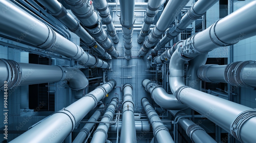 A network of industrial pipes arranged in a futuristic layout, showcasing intricate details and a blue hue. A network of industrial pipes arranged in a futuristic layout, showcasing intricate details and a blue hue.
