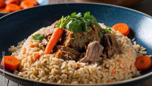 Uzbek plov rice with lamb and carrots closeup