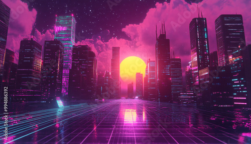 A retro-futuristic design with neon grids, VHS glitches, and pixelated elements, taking inspiration from 80s sci-fi movies and video games