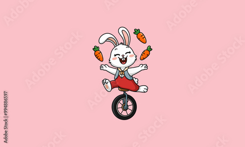 Happy bunny juggling carrots while riding a unicycle