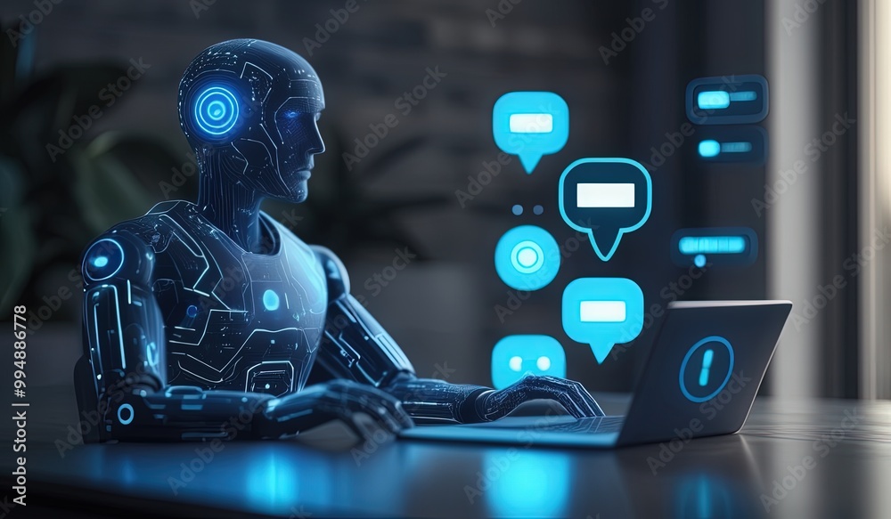 Chat with AI or Artificial Intelligence technology. Man touching chatting virtual with an intelligent artificial intelligence asks for answers he wants. Smart assistant futuristic, Chatbot, ChatGPT Chat with AI or Artificial Intelligence technology. Man touching chatting virtual with an intelligent artificial intelligence asks for answers he wants. Smart assistant futuristic, Chatbot, ChatGPT