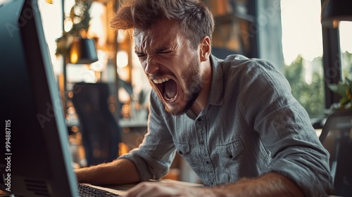 Business, man, and frustration with the office computer; fatigue and tension over a network error or internet issue. An employee yells for a 404 error on the tech as they are working and are angry 