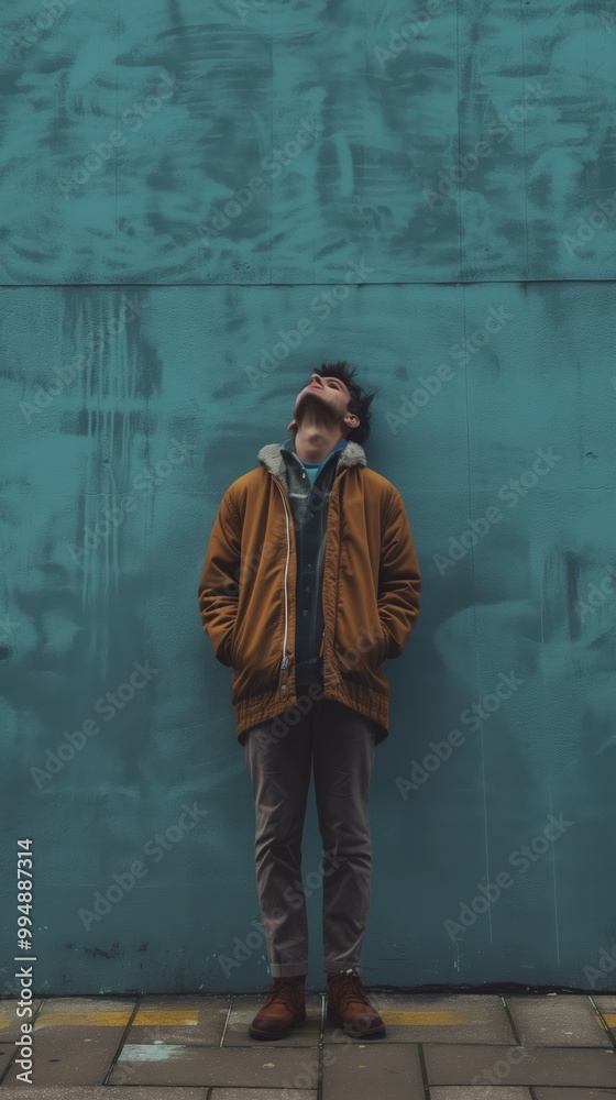 Pensive Man Standing Against Blue Wall in Urban Setting - Urban Lifestyle and Fashion Photography Pensive Man Standing Against Blue Wall in Urban Setting - Urban Lifestyle and Fashion Photography