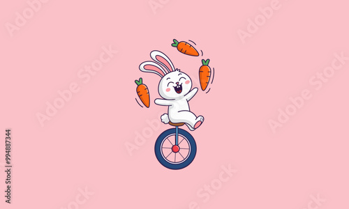 Happy bunny juggling carrots while riding a unicycle