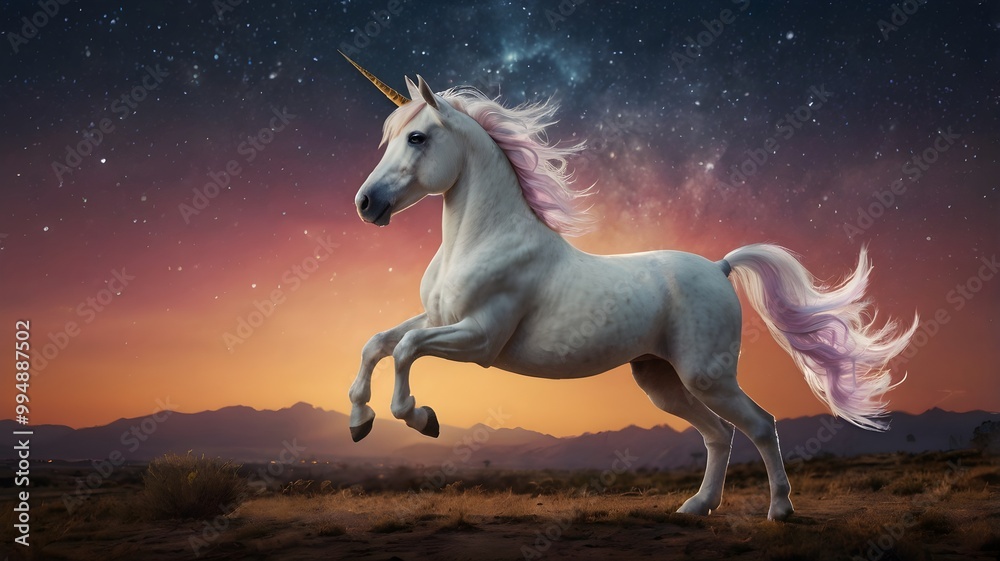 Fototapeta premium Unicornio en la estepa bajo cielo estrellado