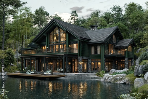 luxury classic dark green chalet house in the edge of clear lake  photo