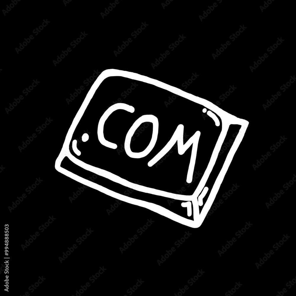 Hand-drawn doodle of a .com domain name on a black background.