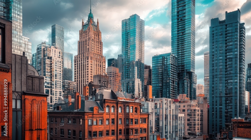 Fototapeta premium A historic skyline with old buildings contrasted against modern skyscrapers, showcasing the blend of past and present.