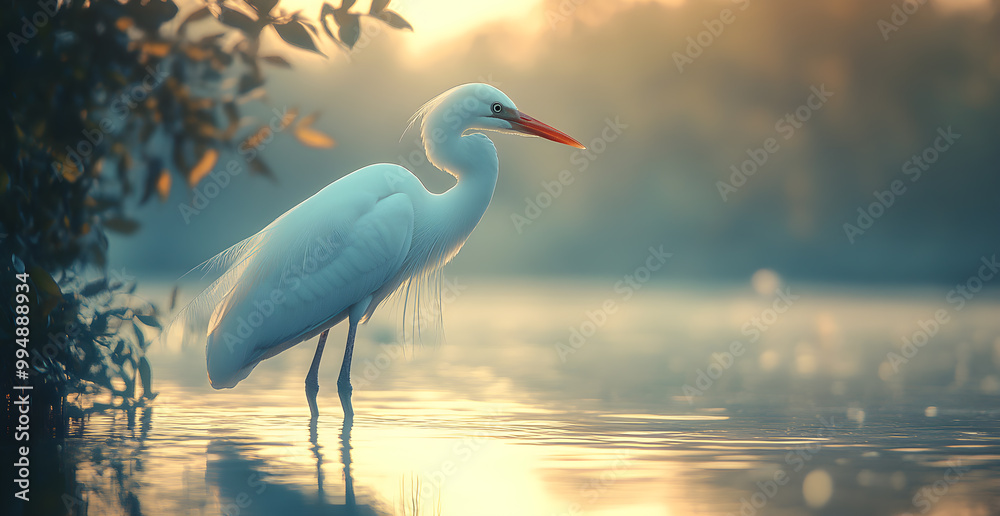 Fototapeta premium A white bird is standing in the water