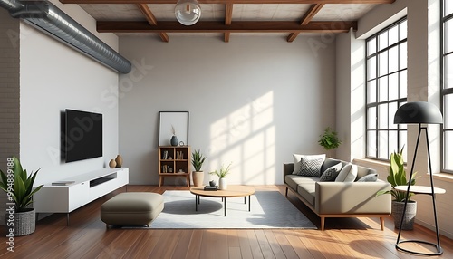 Modern living room with large windows, wooden floors, sofa, and coffee table.