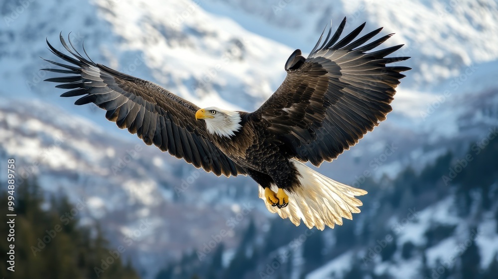 Fototapeta premium A majestic eagle in mid-flight, showcasing its wings spread wide against a dramatic mountain backdrop.