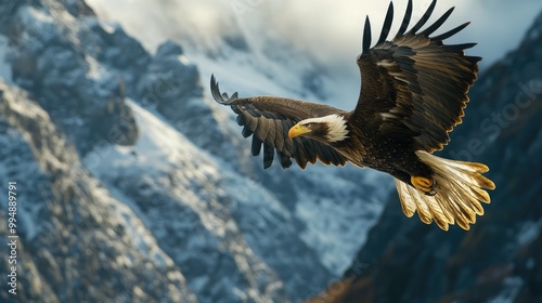 A majestic eagle in mid-flight, showcasing its wings spread wide against a dramatic mountain backdrop.