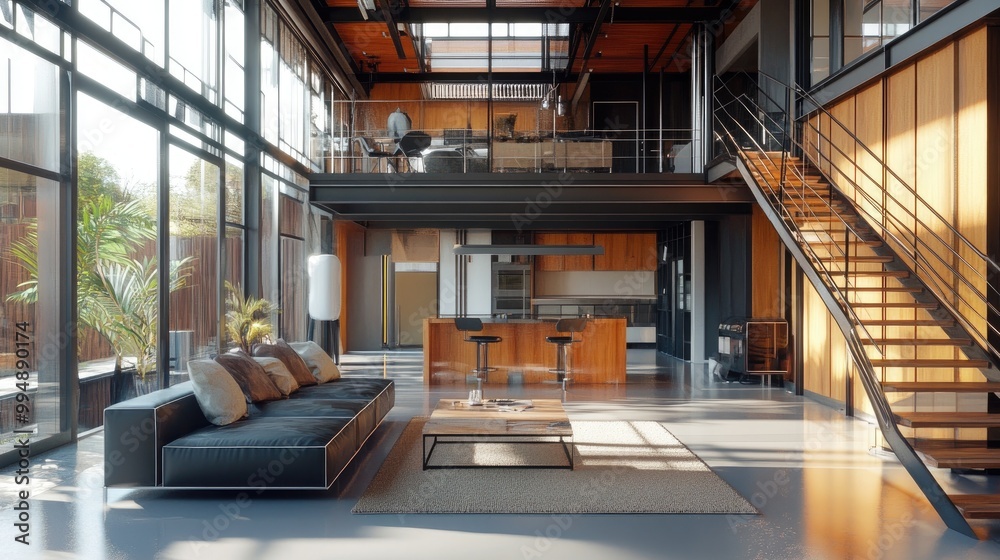 Fototapeta premium A modern living space showcasing different materials like glass, metal, and wood in interior design.