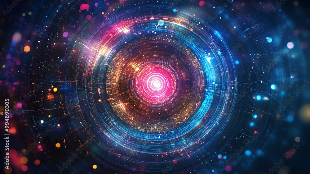 Obraz premium Abstract futuristic technology background with glowing circular patterns and light streaks.