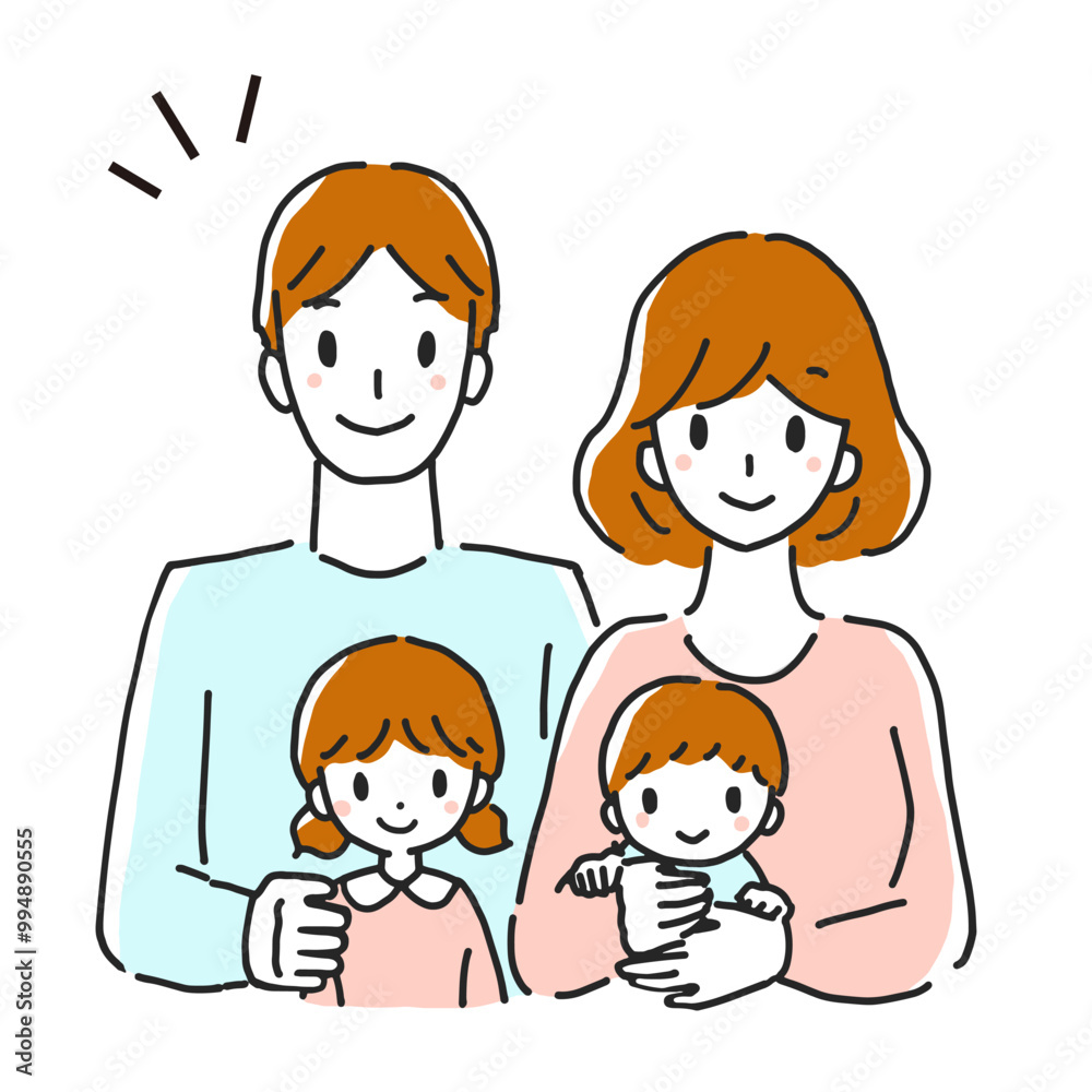 Line drawing illustration of a young family. Father, mother, sister, baby Line drawing illustration of a young family. Father, mother, sister, baby