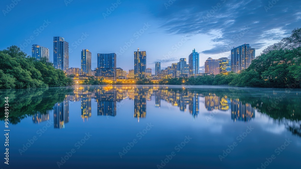 Fototapeta premium A serene view of a city skyline mirrored in a calm river, creating a beautiful reflection of urban architecture.