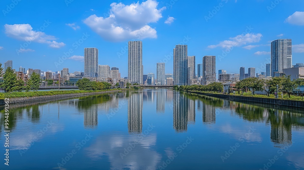A serene view of a city skyline mirrored in a calm river, creating a beautiful reflection of urban architecture. A serene view of a city skyline mirrored in a calm river, creating a beautiful reflection of urban architecture.