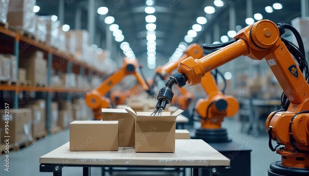 Fototapeta premium Automated Packaging Robots Organizing and Boxing Items in a Warehouse