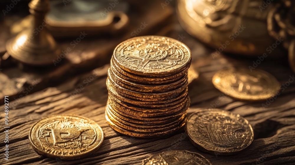 A stack of old, tarnished gold coins on a wooden table, with historical artifacts in the background. A stack of old, tarnished gold coins on a wooden table, with historical artifacts in the background.