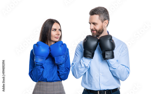 businesspeople in boxing gloves isolated on white. business competition. engaged in price wars. corporate competition between business partners. businesspeople ready to fight. working competition photo