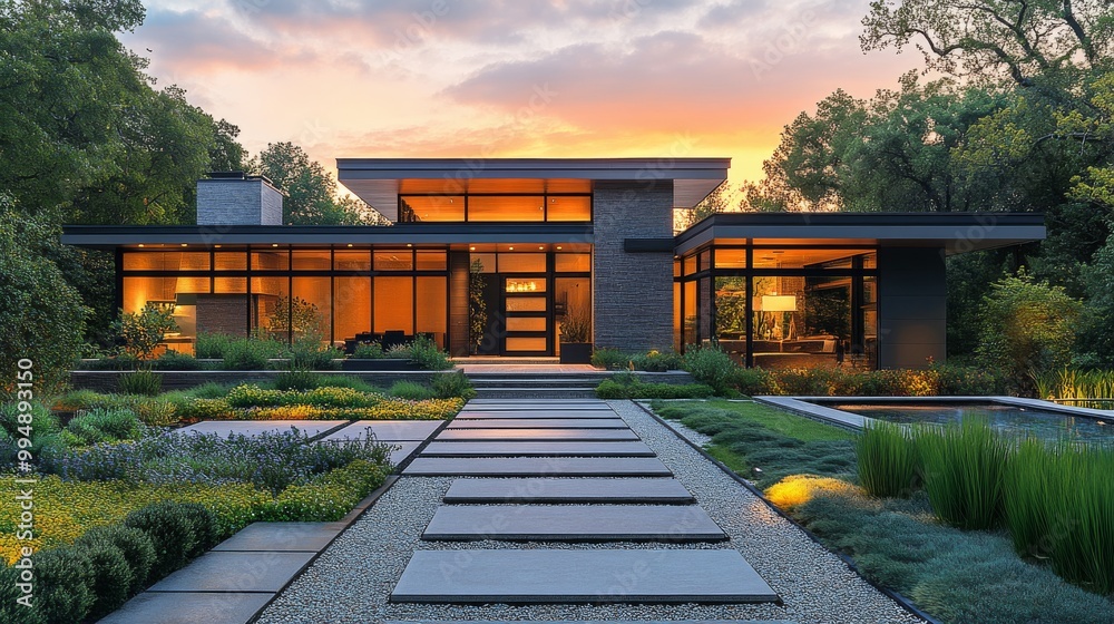 Fototapeta premium modern house exterior at sunset architectural glass windows