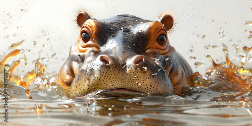 A Close-Up Photo of a Hippopotamus Swimming in Water with its Head Above Water