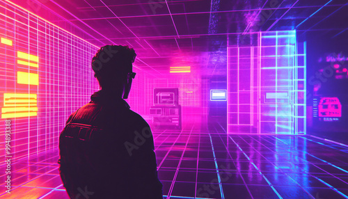 A retro-futuristic design with neon grids, VHS glitches, and pixelated elements, taking inspiration from 80s sci-fi movies and video games