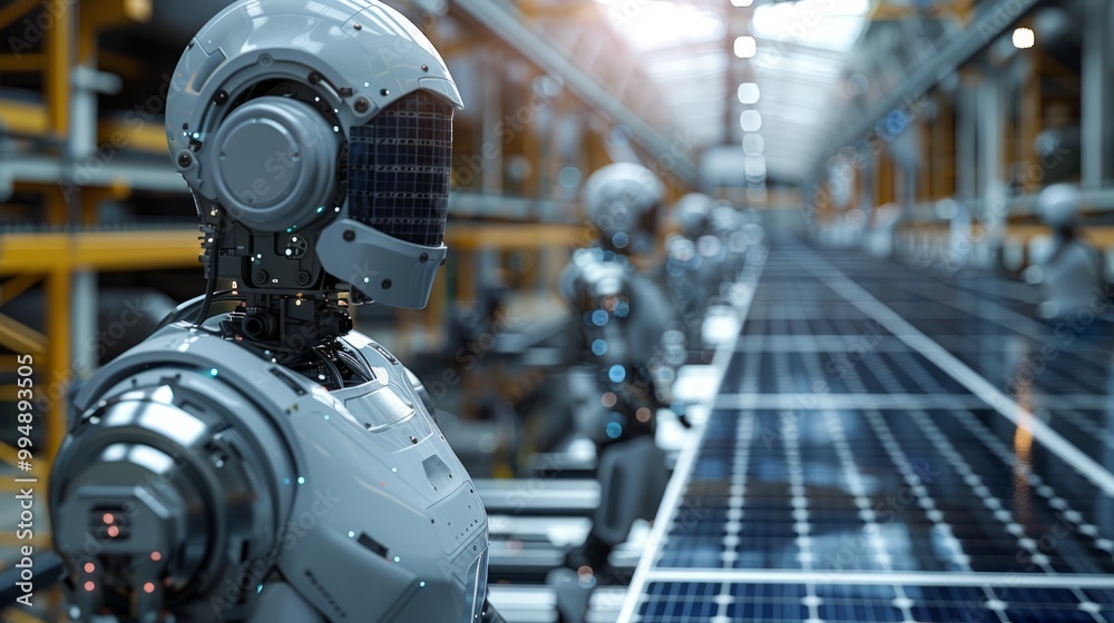 Modern Industrial Studio Setting with Robots and Solar Panels Modern Industrial Studio Setting with Robots and Solar Panels