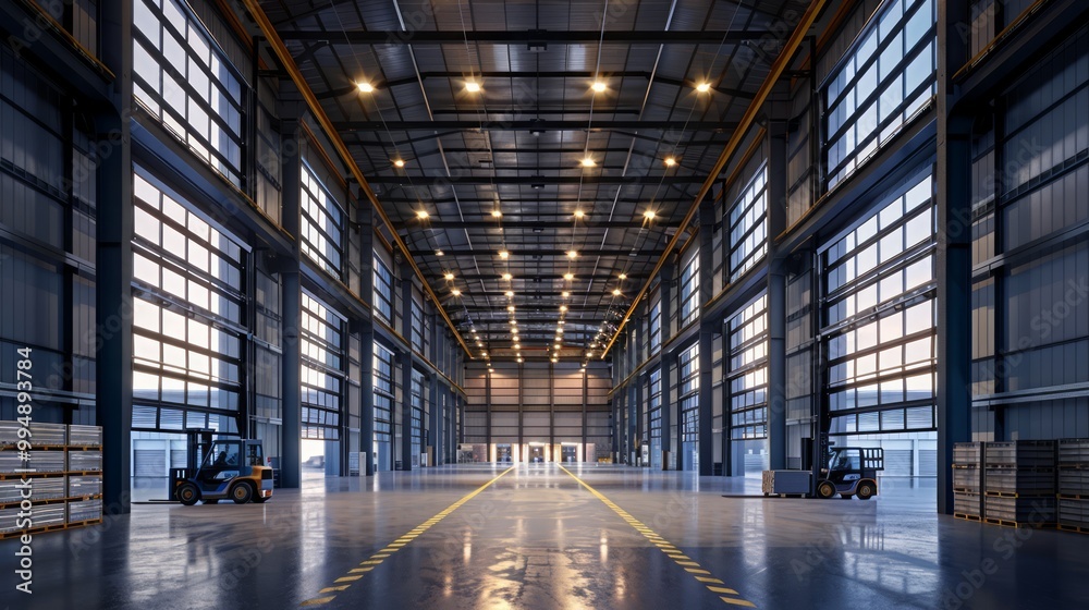Modern Warehouse with Automated Systems and Forklifts