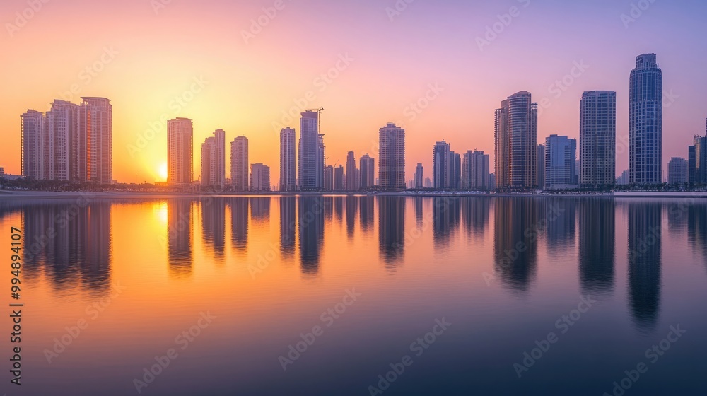 A tranquil skyline captured during the golden hour, with warm light bathing the buildings in a soft glow A tranquil skyline captured during the golden hour, with warm light bathing the buildings in a soft glow