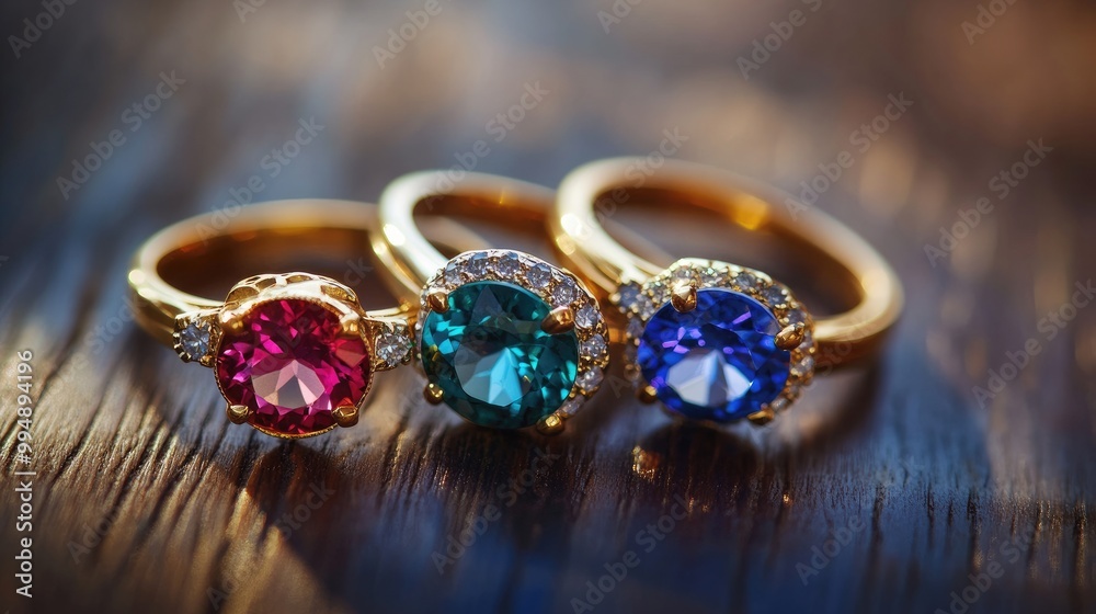 A trio of rings with different colored stones arranged neatly on a polished wood surface. A trio of rings with different colored stones arranged neatly on a polished wood surface.